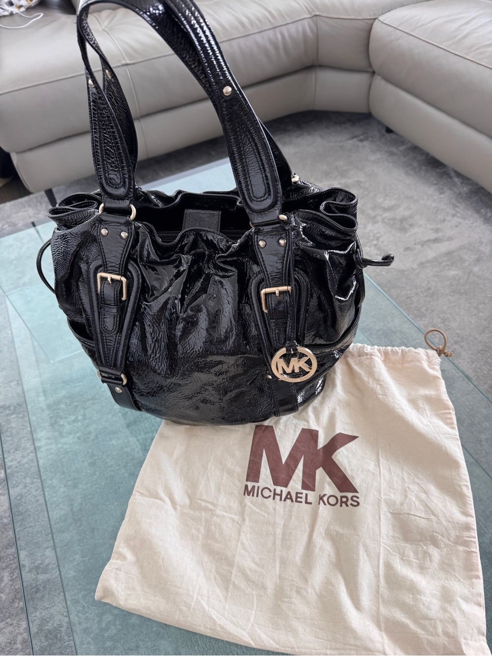 Michael Kors Black Patent Leather Shoulder Bag with MK Charm